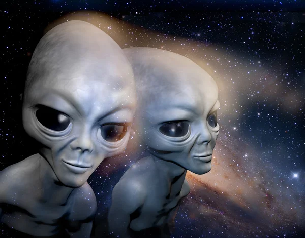 Two grey realistic alien in space. 3D characters. Digital illustration. Digital art. — Stock Photo, Image