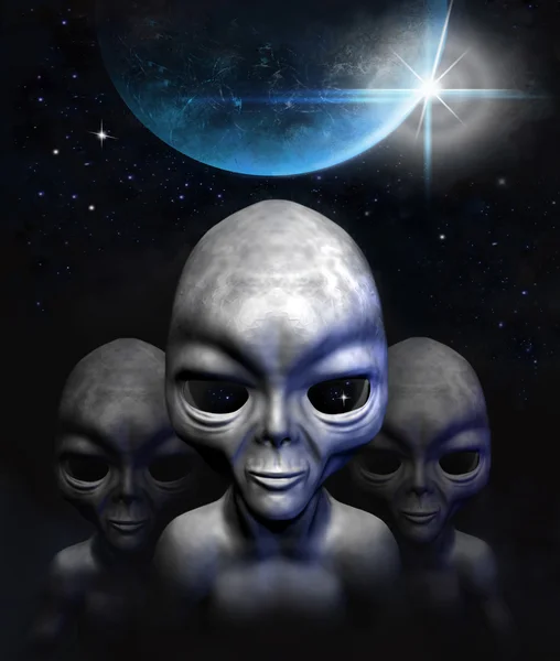 Grey cizinců v prostoru, planety a hvězdy. 3D postavy. Digitální ilustrace. 3D obrázek. — Stock fotografie