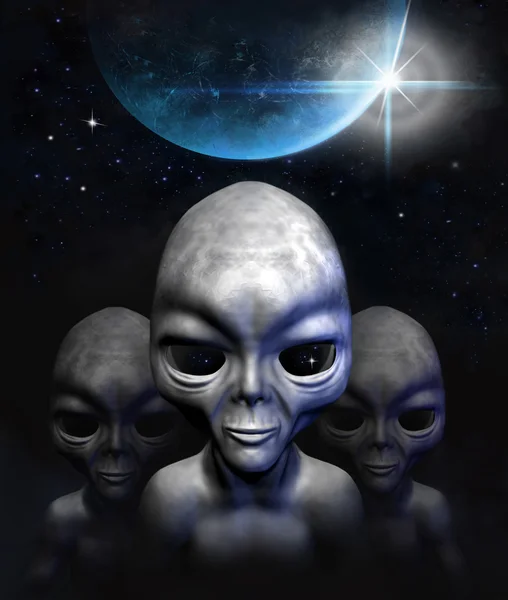 Graue Aliens im All, Planeten und Sterne. 3D-Zeichen. Digitale Illustration. 3D-Illustration. — Stockfoto