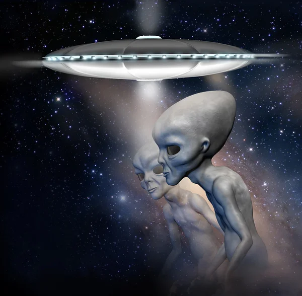 Летающая тарелка и два серых реалистичных пришельца в космосе. 3D символов. Цифровая иллюстрация . — стоковое фото