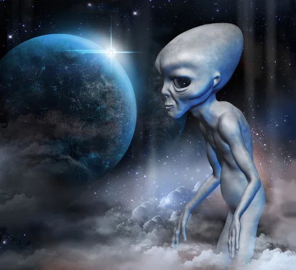 Grey alien in earth orbit is watching the planet. Digital illustration. — Stock Photo, Image