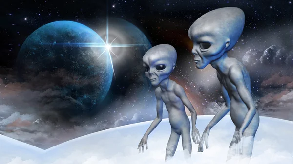 Två grå alien i omloppsbana runt jorden observerar från rymdskepp för planeten. Digital illustration. — Stockfoto