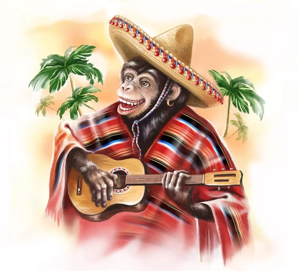Rolig apa i en mexikansk traditionell klänning spelar gitarr. Digital konst. Digital målning. — Stockfoto