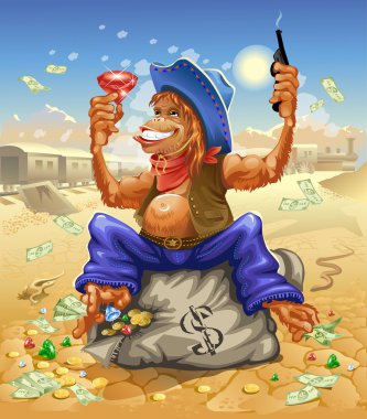 Red-haired monkey cowboy sitting on a bag with money and precious stones, after robbing a train in the desert. clipart