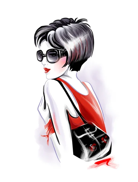 Trendy glamoureuze vrouw in het rood. Vectorillustratie. — Stockvector