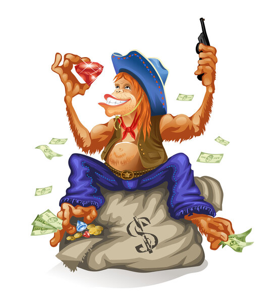 Red-haired monkey cowboy sitting on a bag with money and precious stones, after robbery.