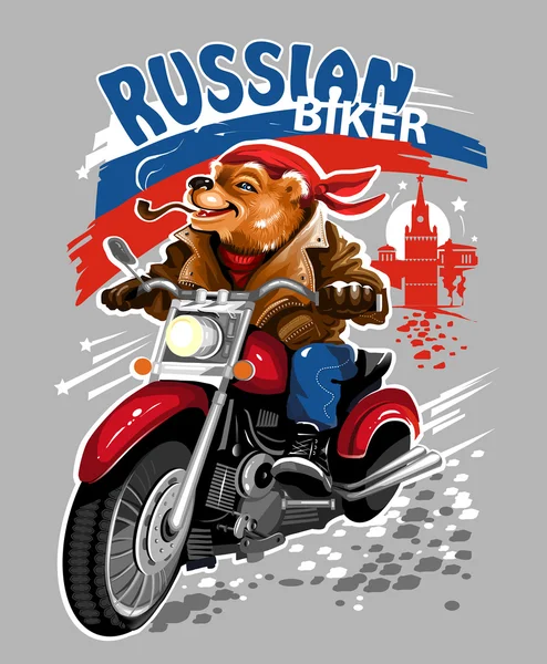 Russian bear biker in a leather jacket and bandana riding a motorcycle on grey background. — Stock Vector