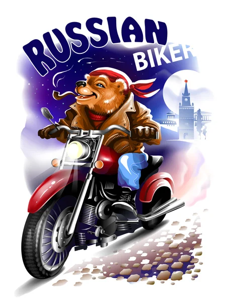 Biker urso russo em uma jaqueta de couro e bandana montando uma motocicleta. Ilustração vetorial . —  Vetores de Stock