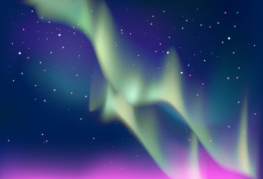 Aurora polaris. Kuzey ışıkları yıldızlı gece gökyüzü arka plan. Vektör çizim.