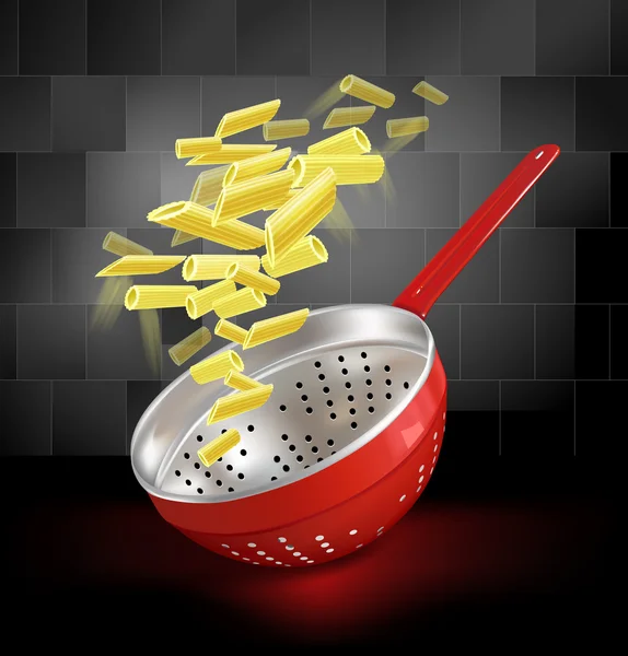 Red colander on a dark background ceramic tiles and flying pasta. Vector illustration. — Stock Vector