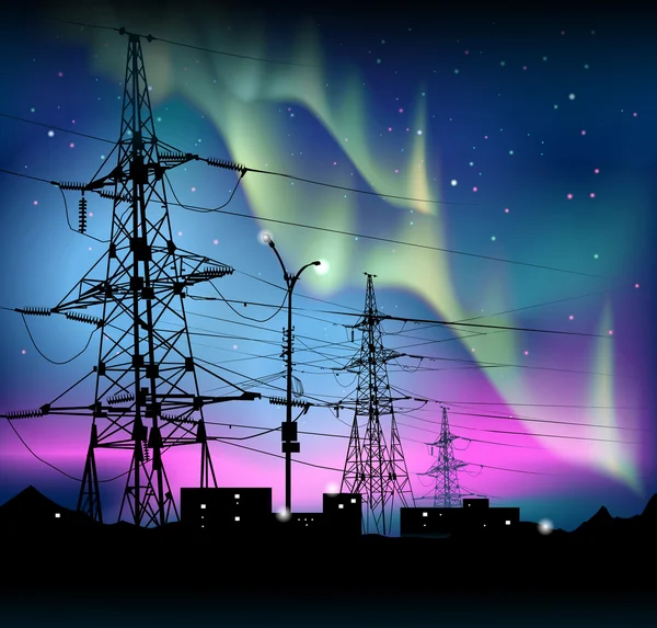 Aurora polaris. Kuzey ışıkları ve yıldızlı gece gökyüzüne karşı elektrik kuleleri. Vektör.