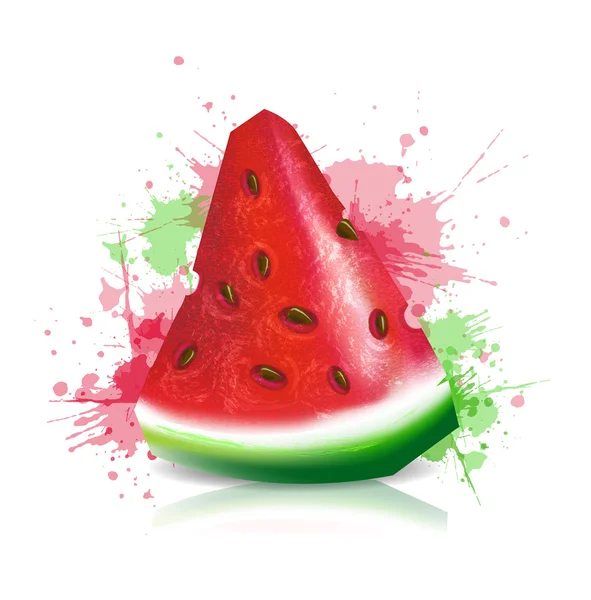 Saftige Scheibe reife Wassermelone mit Samen auf dem Hintergrund des Sprays. Vektorillustration. — Stockvektor