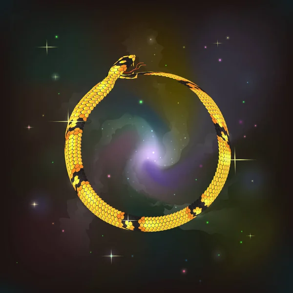 Złoty Wąż Ouroboros Pożera Swój Ogon Tle Kosmicznego Galaktycznego Nieba — Wektor stockowy