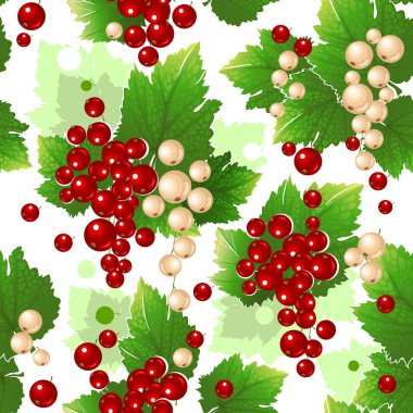 Beyaz arka planda kırmızı ve beyaz frenk üzümü ve yeşil yapraklardan oluşan pürüzsüz desenler. Vektör.