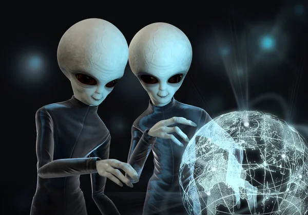 İki gri uzaylı Dünya gezegenini ışık haritasında inceliyor. 3d illüstrasyon.