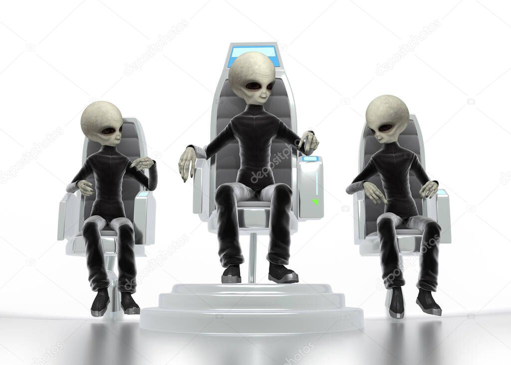 Three space aliens in black suits sit in the pilot's seats and control the spacecraft. Isolated on white background. 3 d illustration.