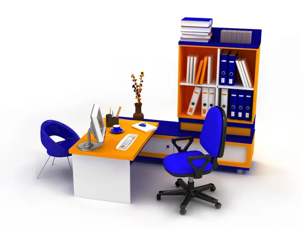 Workplace in the office, office furniture isolated on a white background. 3 D illustration.