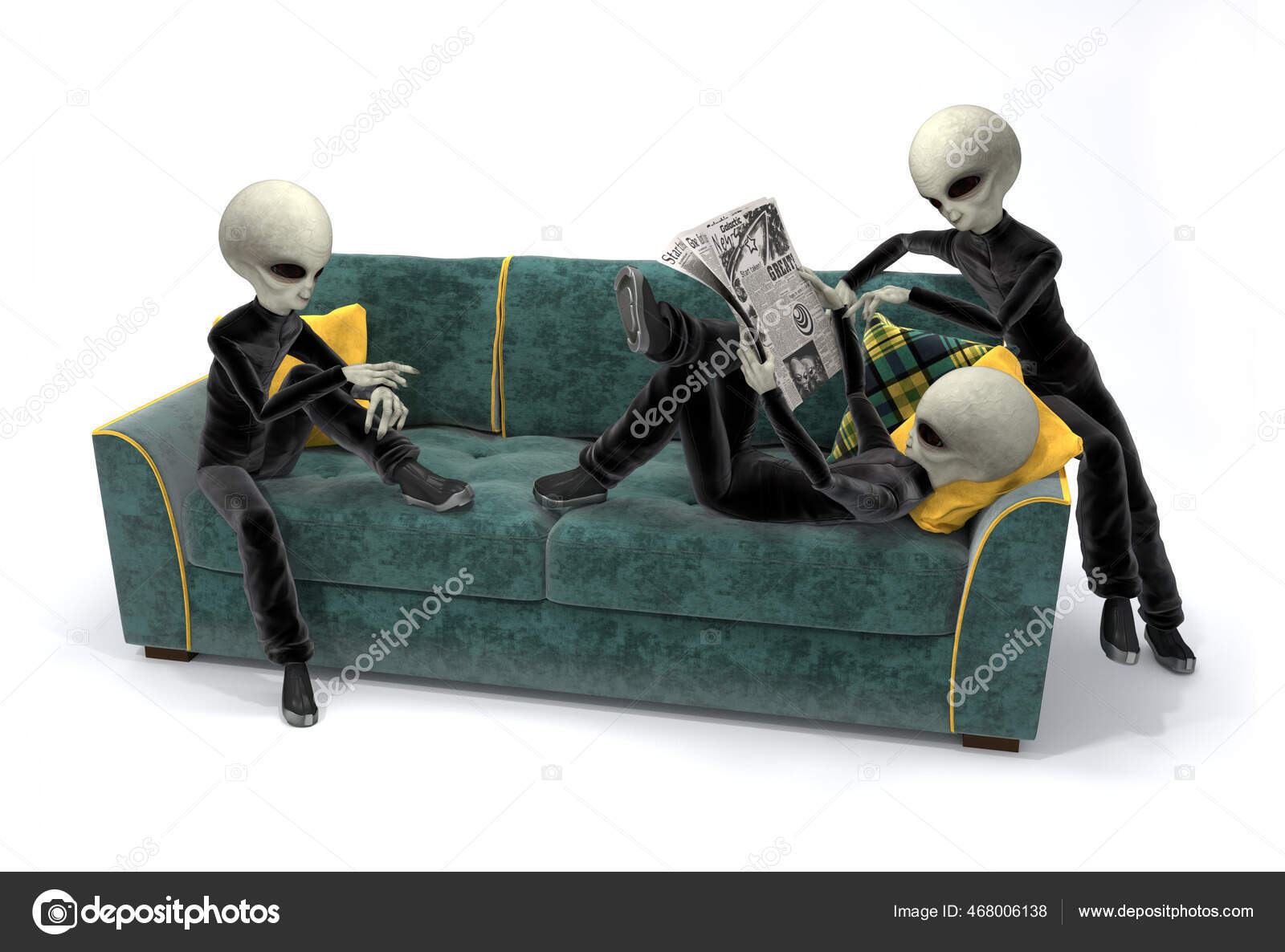 Three Space Aliens Resting Green Velour Sofa Reading Newspaper Isolated