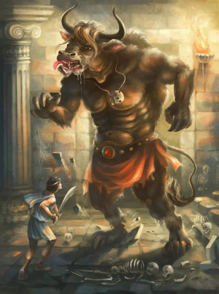 Theseus labirentteki minotoru öldürür. Dijital illüstrasyon.