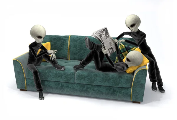 三个太空外星人躺在一张绿色的天鹅绒沙发上 正在看报纸 被白色隔离了3D插图 — 图库照片