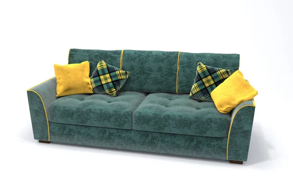 Zielona Aksamitna Sofa Żółtymi Zielonymi Sprawdzonymi Poduszkami Odizolowany Białym Tle — Zdjęcie stockowe
