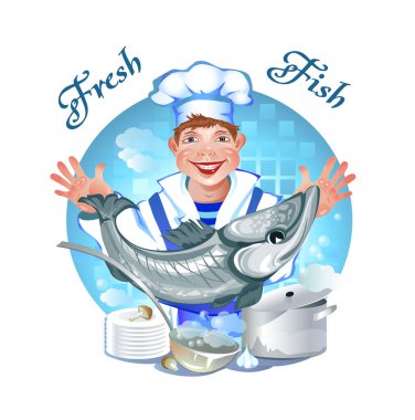 Şef mutfakta balık pişiriyor. Vektör illüstrasyonu.