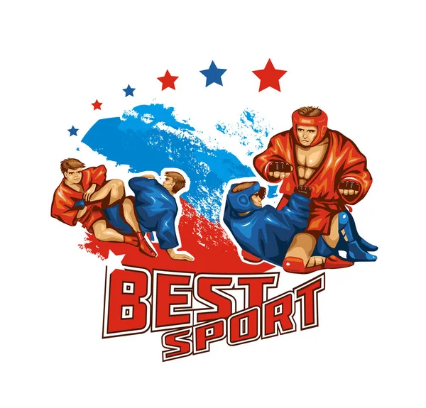 Sporcular Sambo güreşçileri. İki çift güreşçi kırmızı ve mavi kimonolu. Vektör çizimi. Sambo savaşı.