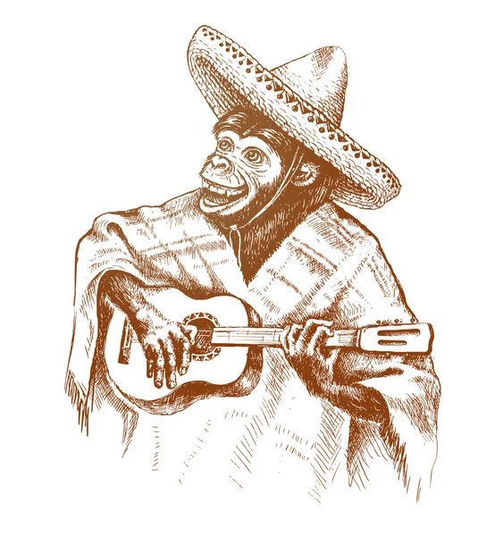 Gitaris monyet dalam pakaian tradisional Meksiko. Bermain gitar di topi sombrero . - Stok Vektor