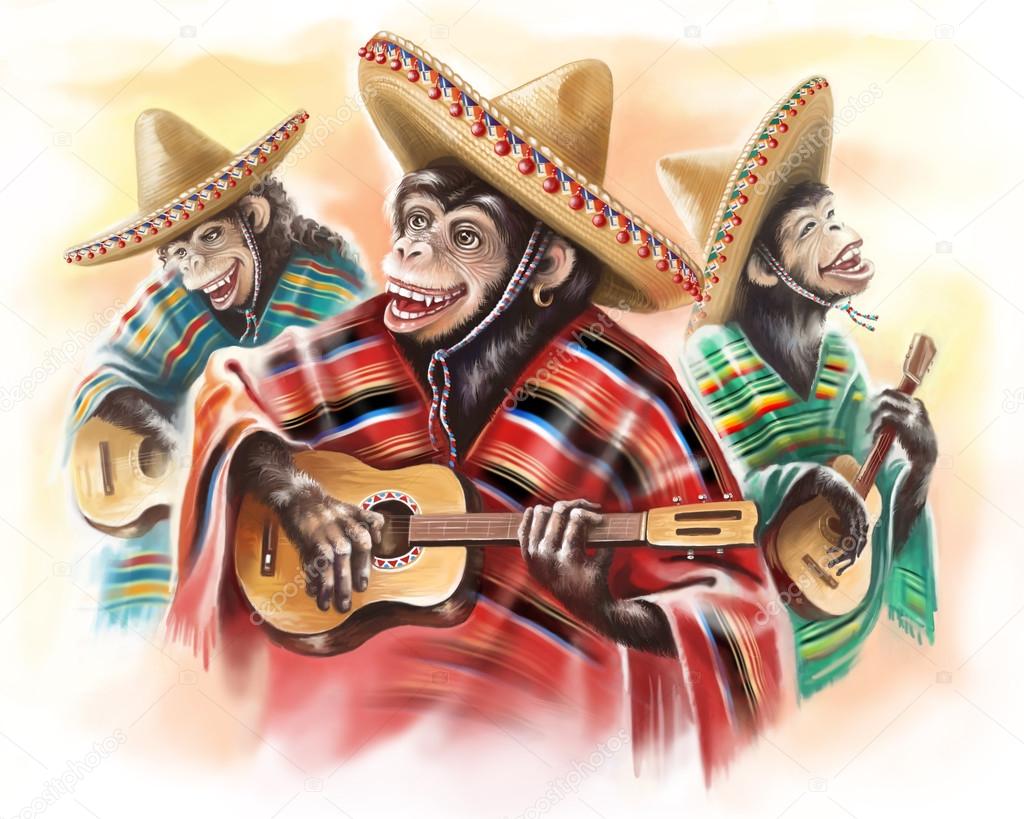 funny monkeys in a Mexican traditional dress playing guitar. Trio.