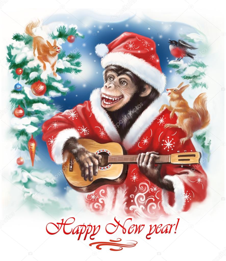 Christmas card with a monkey dressed as Santa Claus.  Digital art. Digital illustration.