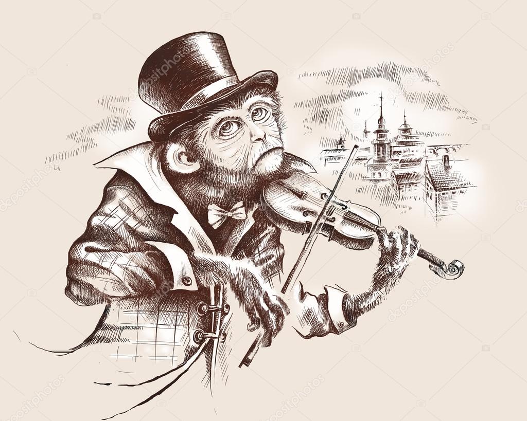 intelligent monkey in a top hat and plaid coat plays the violin. Digital illustration.