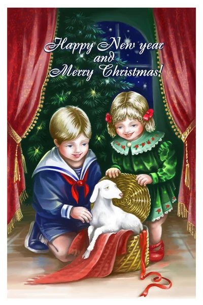 New year card with ewe. Children. Winter. boy and girl on the background of the Christmas tree — Stock Photo, Image