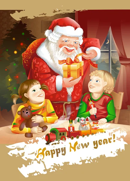 Noel Baba yeni yıl çocuklarına hediyeler getiriyor. Vektör çizim.