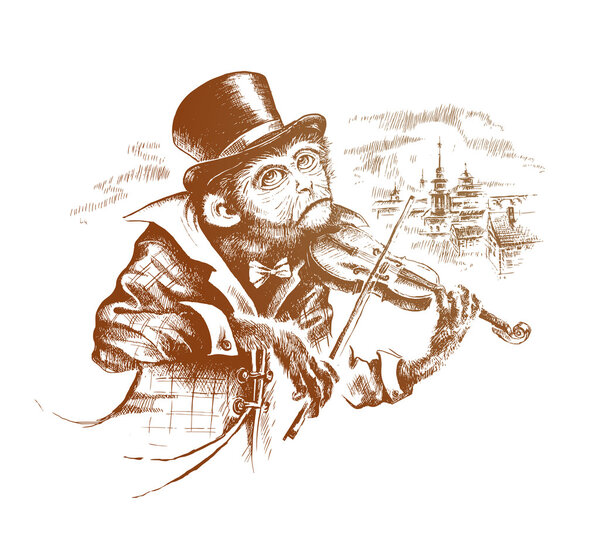 intelligent monkey in a top hat and plaid coat plays the violin. Vector illustration.