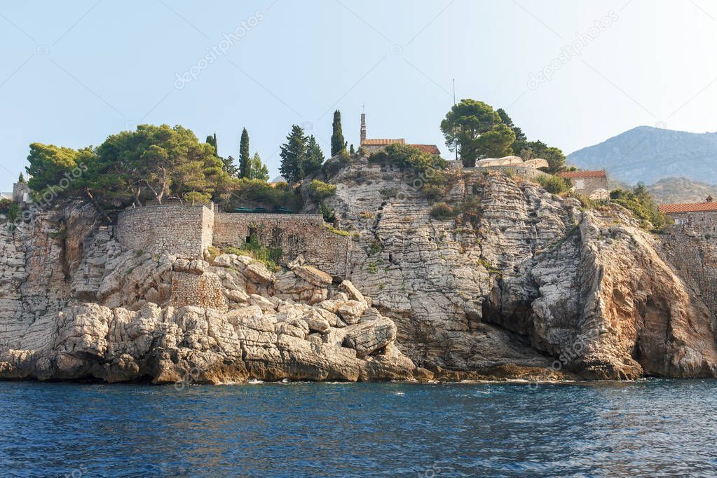Close up view of Sveti Stefan, small island and famous resort in Budva, Montenegro