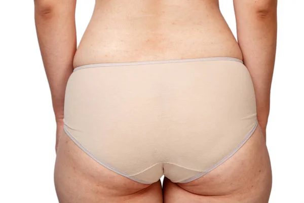 Young Woman Beige Panties Rear View Buttocks Cellulite Overweight White — Stock Photo, Image