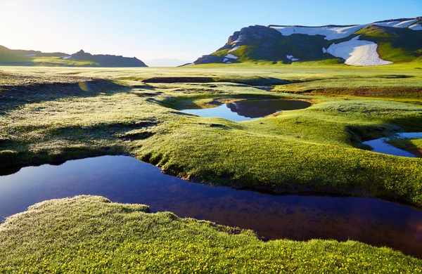 Paysage de la vallée de montagne avec des ruisseaux tôt le matin — Photo