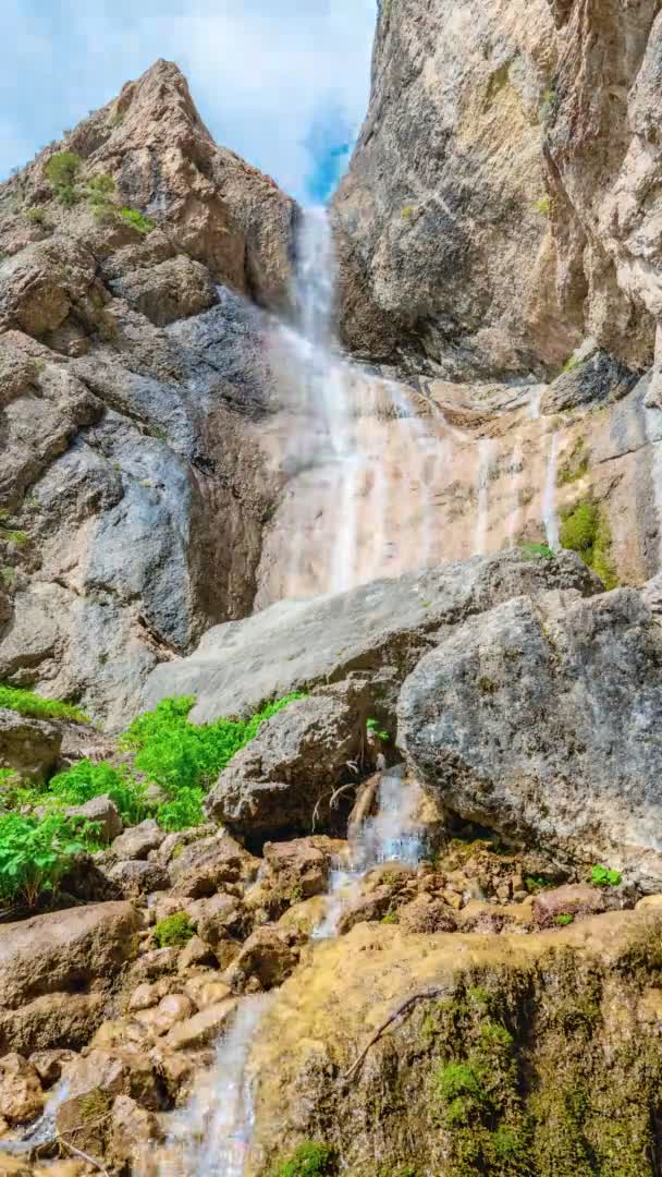 Plan vertical d'une cascade coulant dans les montagnes — Video