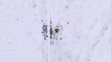 Şymkent, Kazakistan - 17 Ocak 2026: Ulusal Kokpar oyununun havadan görünüşü: Dağlardaki karlı bir arazide at binicileri.