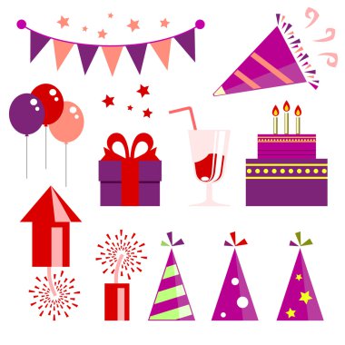 Parti bayrakları, balonlar, İçecek, pasta, şapka ve beyaz arka plan üzerinde izole hediye kutusu