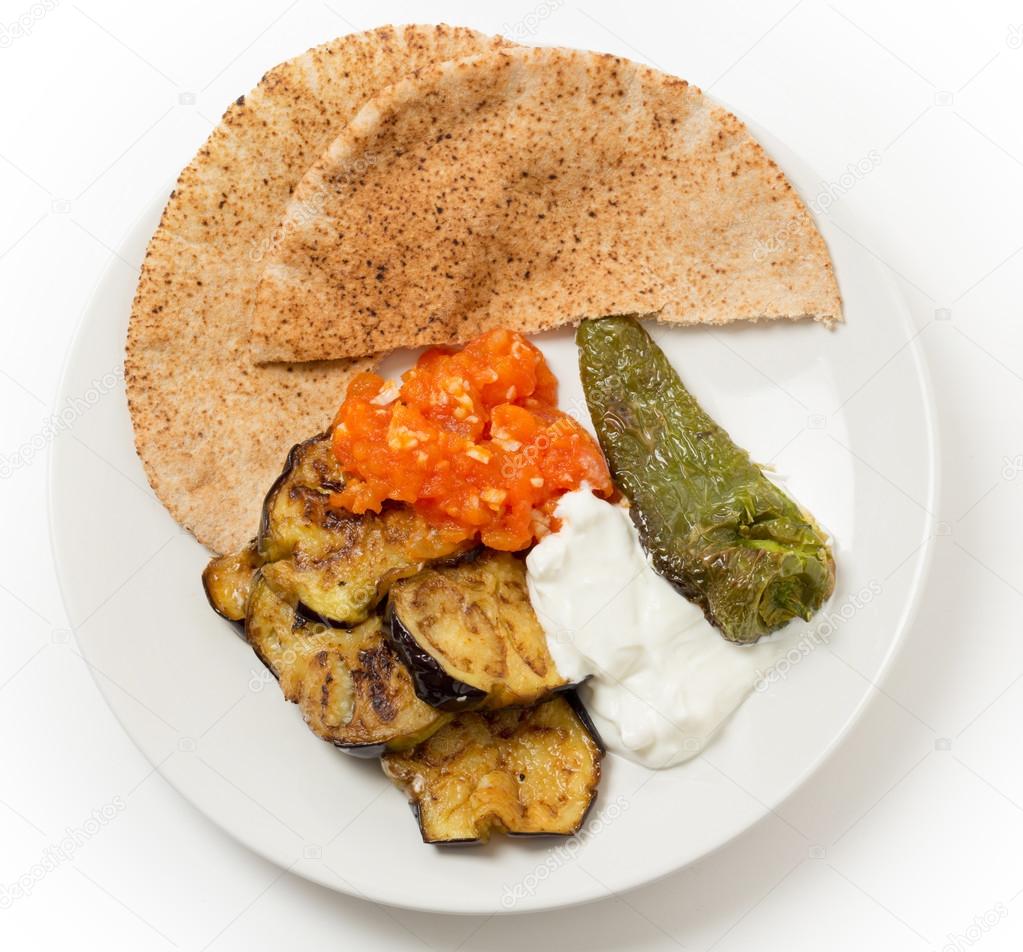 Aubergine meze plate from above