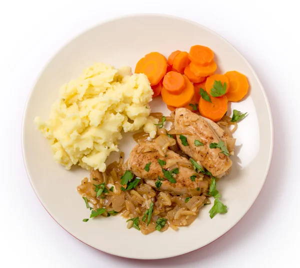 Chicken in almond sauce meal from above — Stock Photo, Image