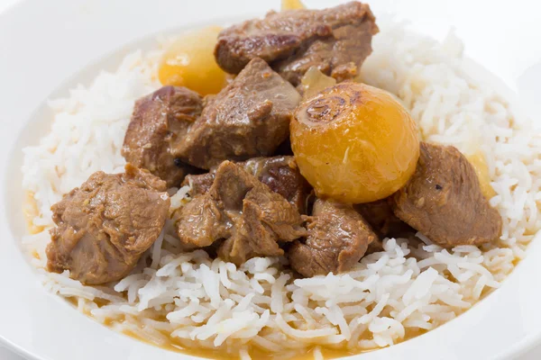 Lamb fricassee with rice side view — Stock Photo, Image