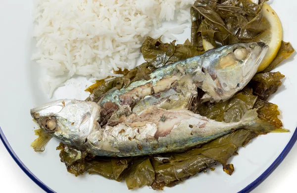 Fish baked in vine leaves from above — Stock Photo, Image