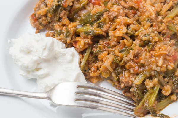 Mince and spinach with yogurt — Stock Photo, Image