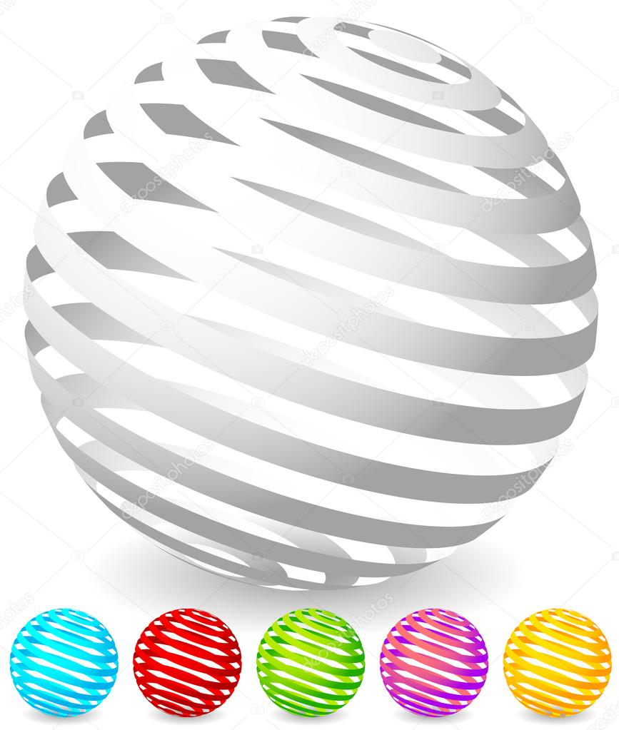 Striped spheres in 6 colors. 3d geometric orbs, balls. Generic icons, design elements.