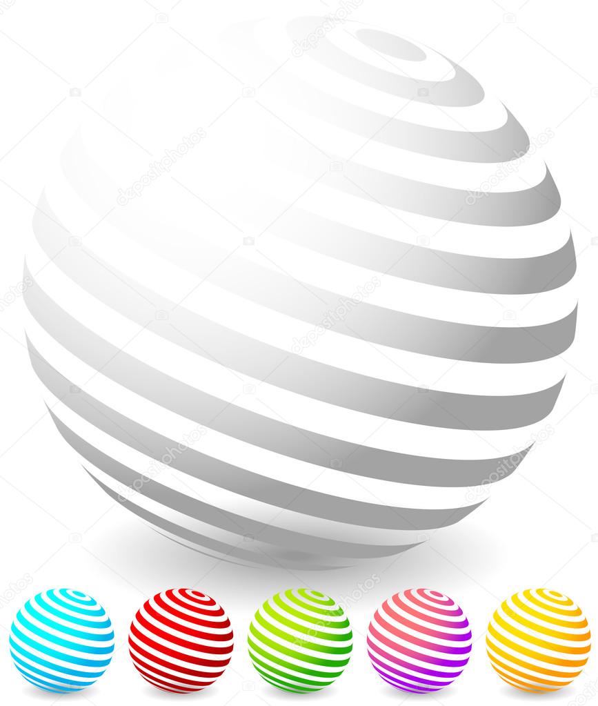 Striped spheres in 6 colors. 3d geometric orbs, balls. Generic icons, design elements.