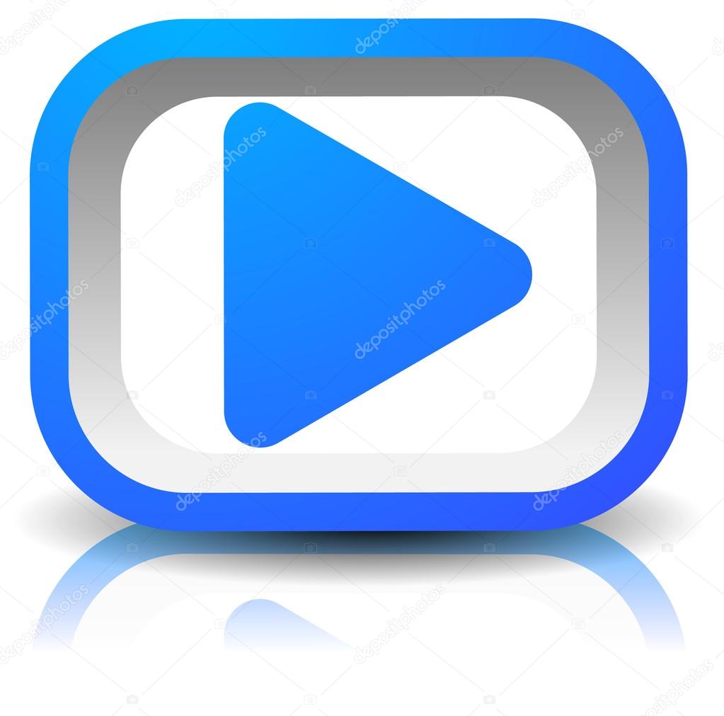 3d rectangular play button with shadow and reflection isolated on white