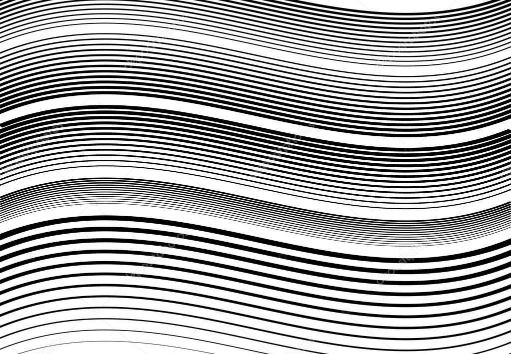 Wavy, waving and undulating, billowy horizontal lines, stripes abstract design element, black and white, monochrome background, pattern and texture