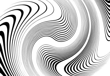 Bükme, girdap çizgileri, çizgiler. Dalgalı, eşmerkezli şeritler ve çizgiler sallıyor. Döndürme, bükme ve dönme etkisi rastgele şeritler üzerinde. Siyah ve beyaz tasarım ögesi, desen, doku ve arkaplan 